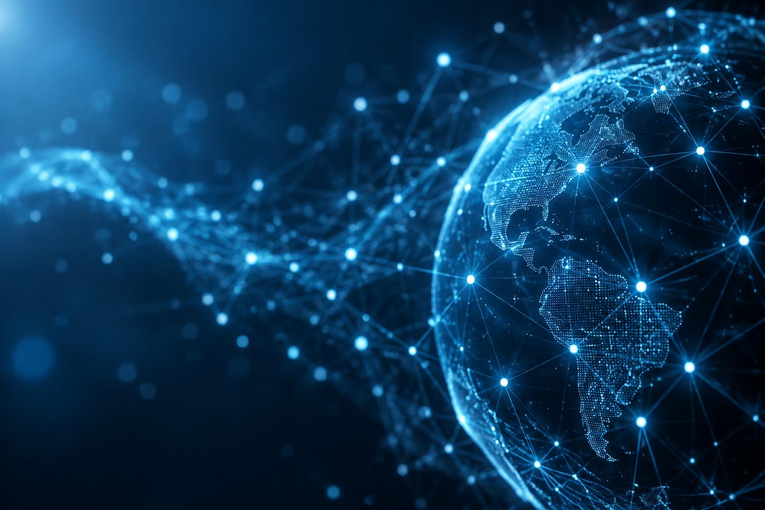 Abstract glowing network of connected nodes around a digital globe
